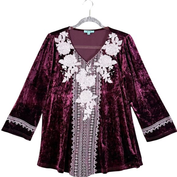 April Sky Embroidered Velvet Tunic Blouse Burgundy V Neck Pullover Top Sz S - Picture 1 of 10